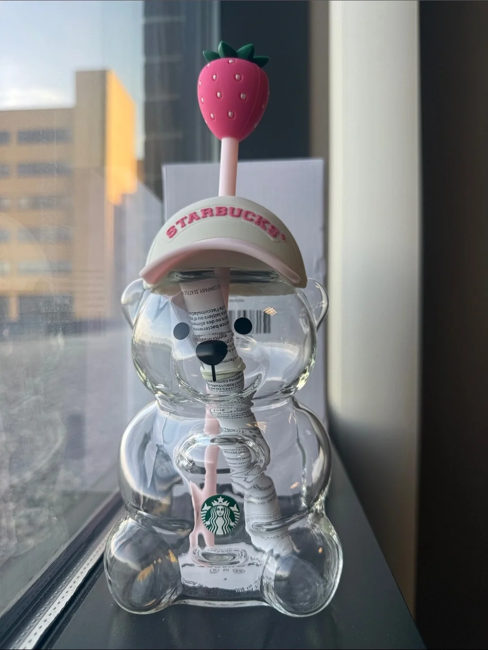 Starbucks Clear Bear Tumbler with Pink Strawberry Cap and Straw